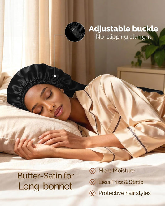 Satin Sleep Bonnet for Natural Hair - Extra Double Layer Long Adjustable Silk Hair Bonnet for Braids, Locs, Curls - Women’S Night Hair Protection Cap